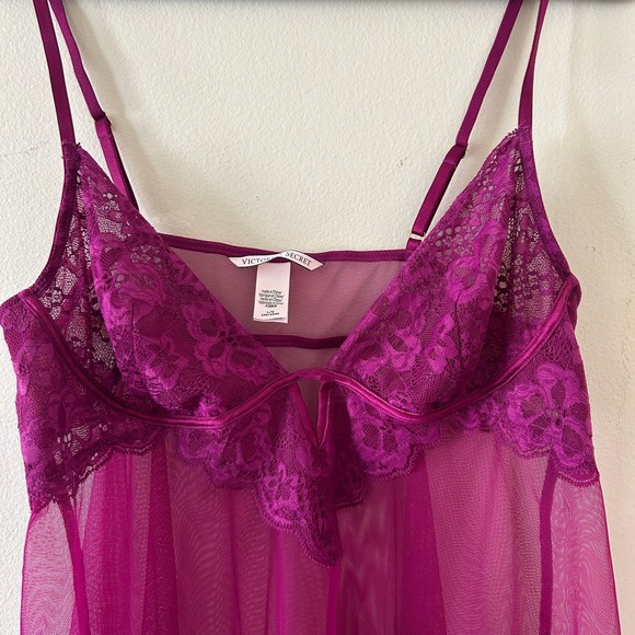 Victoria's Secret Plum Babydoll Chemise Lingerie Lace Mesh Sheer L - Picture 4 of 10